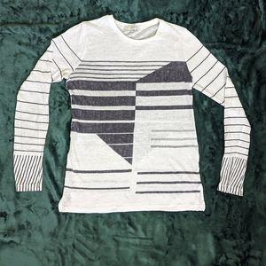 Vince Women's Abstract Stripe Long Sleeve Scoop Neck Shirt Size Small White Gray